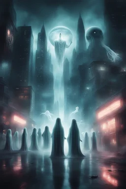 A captivating depiction in digital form, showcasing a plethora of extraordinary ghost creatures thriving within a surreal and lively ghosts realm. This imaginative artwork embodies the essence of science fiction, presenting a medium shot composition with fantastical beings that are unique, belonging to a world beyond our own. A modern city of ghosts out of this world enhanced by dark atmospheric lighting, and breathtaking landscapes. Busch painting style nightmare. Thin line draw style
