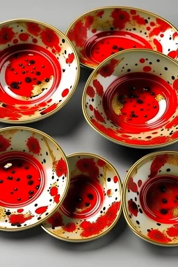 Set of ten red Finest Ceramic plates with golden watercolor splashes