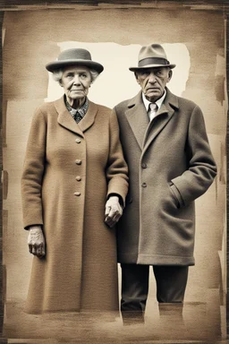 an old couple faces vintage photo with glich technique, grey-brown, defects, graininess, white noise, lines, scratches, glitch art , cinematic, mistic mood