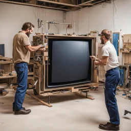 Cro-Magnon engineers constructing a large flat screen television