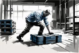 a man from sweden, very strong pushing a pallet on the floor in a factory, very basic sketch painting