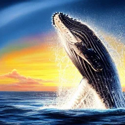 beautiful humpback whale jumping out of turbulent ocean water, stunning, magnificant, sunset sky, 8k resolution, high-quality, fine-detail, detailed matte, illustration, digital art, brian froud, howard lyon, greg rutowski, Life of Pi