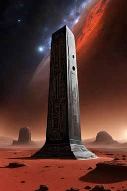 On the barren, red surface of Mars, a towering black monolith made of polished marble stands proudly against the backdrop of the vast and starry galaxy. The monolith carved with intricate alien hieroglyphs and strange designs glow with an pale light. detailed, sharp focus, masterpiece