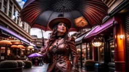 woman standing in a street with a parasol shaped like a mushroom with tentacles, in a steampunk setting