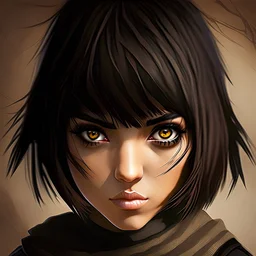 ninja girl with brown bob, bangs, brown eyes and eyeliner