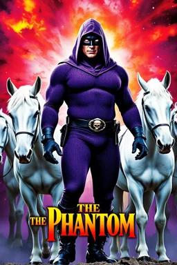 Movie Poster - ((("THE PHANTOM"))), extremely thick, muscular, 6'6'' 18-year-old Billy Zane with extremely exaggerated muscles as the Phantom, long-sleeved, textured, padded purple cotton bodysuit with skintight, formfitting textured purple cotton cowl with ((black eye mask)) and widow peak, black gloves and wrist gauntlets, black boots, double holstered utility belt, skull-shaped belt buckle, glowing, white eyes, standing next to his white horses, captured in a breath-taking explosion of color,