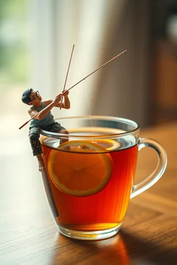 A surreal and whimsical cinematic scene of a tiny man sitting on the edge of a transparent glass cup filled with tea and a slice of orange inside, holding a fishing rod and fishing for a small realistic fish swimming inside the tea. The man is wearing casual home clothes — a gray tank top, patterned shorts, flip-flops, and glasses. Soft natural lighting, shallow depth of field, cozy indoor setting, ultra-realistic details, 8K, HDR, bokeh background, cinematic color grading.