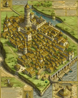 A map of a medieval city, castles, towers, battle map, market,
