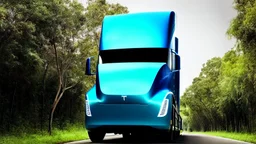 A Tesla semi-truck is parked, in a jungle of the Jurassic Period. CINEMATIC. WIDE ANGLE LENS. PHOTO REAL.