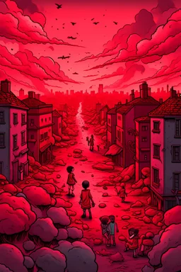 a big City, red clouds in the sky with many dead children on the ground