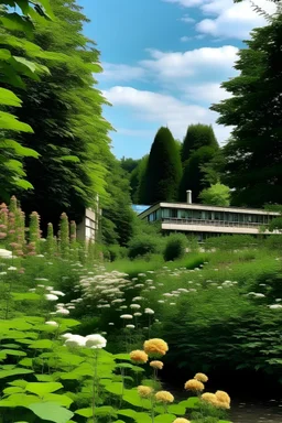 A picture of a pharmaceutical factory from the outside surrounded by green trees and flowers