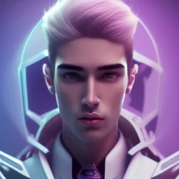 man, cute face, white highlight hair, brown eye, white, skin, purple suits, futuristic, science, purple, blue, dark pink background lighting, technology, profile, asian boy, square face, light orange