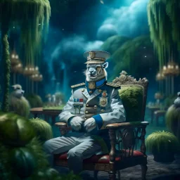 portrait of macho army officer on a bar chair inside mushroom grove with huge fluffy space lama, 4 k, down-light, soft light, depth of field, photo realism, trending on art station, high detail, spray paint