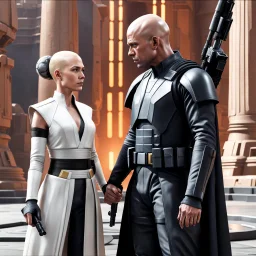 star wars bald male corellian pilot wearing pearlescent black and gunmetal grey First Order special forces heavy assault armor and helmet with gold trim inside the jedi temple, centered portrait, hyperdetailed, dynamic lighting, hyperdetailed background, 8k resolution, volumetric lighting, light skin, fully symmetric details