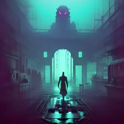 (((Album cover art))), An ((ominous ghostly figure)) standing in the dimly lit hallway of an old industrial and abandoned hospital artwork by Gris grimly, Sam spratt, Mœbius in collaboration with Mike mignola, Shaun tan, H P Lovecraft and Salvador Dali, hazy volumetric lighting, colourful horror, dark palette and neon colour, dark sci-fi horror, cinematography by Dan lausten,in frame, highly detailed, hazy, zbrush, octane render, 4K, Uncanny valley, channel zero, nightmarefuel, analog horror