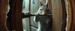 weird ass squirrel burglar breaking open a door with a crow bar , pinhole cam, airbrush 3d rendering, in the style of John Atkinson Grimshaw , torn edges on border