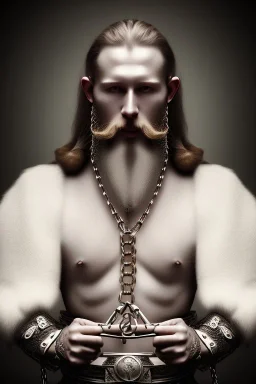 Viking BDSM style, 8K, a Highly detailed portrait of a man holding a submissive woman in a chain, white suit, beard, and short hair