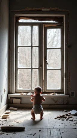 A baby in front of a big window in an abandoned damaged room , a cat out side the widow looking at him