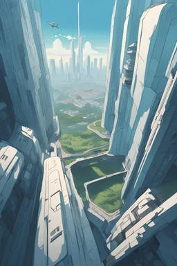 Someone point of view looking at the ground from the edge of high building, futuristic theme, ghibli artstyle
