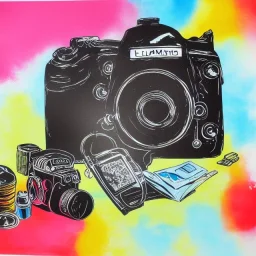 elements of photographic equipment. poster graphics. high detailed. acrylic painting and ink.