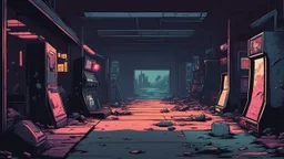 Comic style, desolate dark arcade,no humans