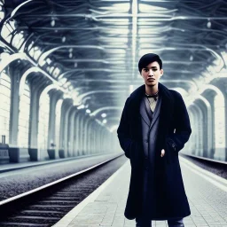 A young Asian man with long hair and a black trench coat waiting for a woman at a train station in istanbul