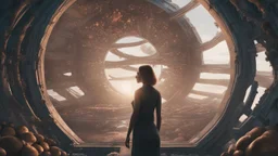 woman standing inside the interior of a ruined alien spaceship, with a circular window, overrun with mushrooms with jellyfish tentacles