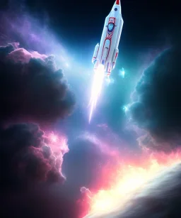 clean modern white rocket flying, beautiful nebula, far shot, 8k, realistic