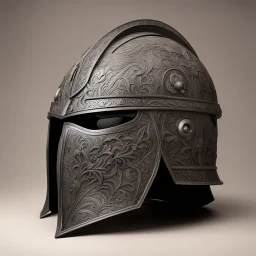 a combat knight helmet, intricately carved, etchings, designer, highly detailed