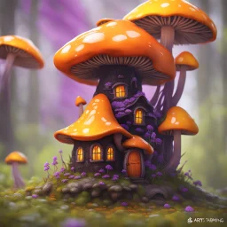 A weird mushroom house with drippy spots on a floating space island. black orange yellow purple. Detailed gloss Painting, rich color, fantastical, intricate detail, splash screen, hyperdetailed, insane depth, concept art, 8k resolution, trending on artstation