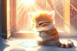 cute chibi thankful cat praying in an icy room in sunshine