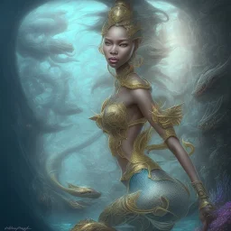 sango fantasy, fantasy magic, intricate, sharp focus, illustration, highly detailed, digital painting, concept art, matte, artgerm and paul lewin and kehinde wiley, masterpiece sexy lips Asian afro lips black African lady body mermaid Dragon head golden space lady sea under water mermaid pretty