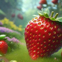 pixar style, volumetric summer garden environment and background, volumetric lighting, dramatic lighting, realistic painting of an strawberry, looking excited, detailed digital painting, extreme dense and fine fur, anime, ornate, colour-washed colors, elegant, small minutiae, tiny features, particulars, centered, smooth, sharp focus, renderman gofur render, 8k, uhd, detailed eyes, realistic shaded volumetric lighting, sunlight caustics, backlight, centered camera view, little blue bird standing