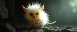 glowing quickling gremlin in the shadows with long fluffy white fur