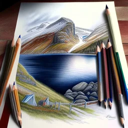 Colored pencil drawing. Norwegian lancscape. Realistic, professional. no background, white paper.