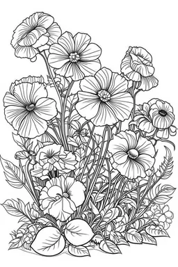 Outline art for coloring page, GARDEN OF PANSY FLOWERS, coloring page, white background, Sketch style, only use outline, clean line art, white background, no shadows, no shading, no color, clear