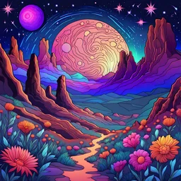 Colourful, scifi, night sky filled with galaxies and stars, rock formations, flowers, one-line drawing, sharp focus, 8k, deep 3d field, intricate, ornate