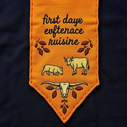 an autumn colored textured cloth embroidered with ornamental leaves and cattle, pointed bottom, on darker textile background, embroidered text across top, western textile art design