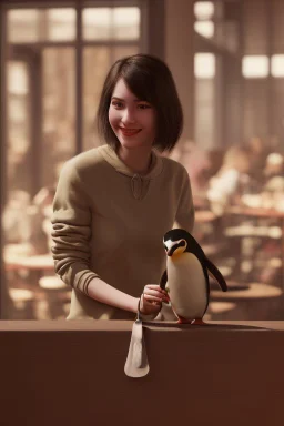 young woman talk to a penguin in coffee-shop