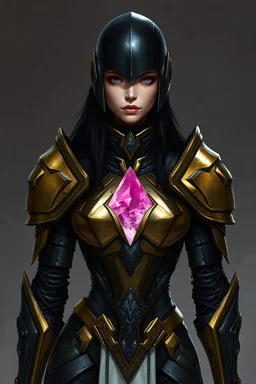 warforged, female, powered-armor, combat-armor, power-armor, pink crystal embedded in chest, slender-frame, lithe, beautiful, humanoid, gold-armor, black-armor, black-hair, DnD, Dungeons and Dragons, Faceless helmet, paladin, black armor, silver embroidery. NO SKIN