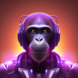 A beautiful portrait of a cyborg monkey purple neon color scheme, high key lighting, volumetric light high details psychedelic background