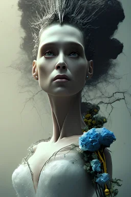 4K Ultra-HD, Hyper realistic, cinematic lighting -- the bride of Frankenstein , short, bowl-cut black hair, dead eyes, Yellow skirt, blue blouse with short poofy sleeves, extremely pail skin, wilted Rose pedals, gloomy, foggy, Castle, Full body image -- 4k, stunning, dramatic lighting, dramatic background, cinematic, atmospheric, very detailed, historic, powerful, octane rendering, exquisite detail, 30 - megapixel, 4k, 85 - mm - lens, sharp - focus, intricately detailed