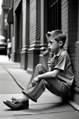 A boy sitting on the sidewalk, smoking a cigarette and wearing sandals