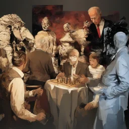 Putin, President Xi Of China And Joe Biden Play Chess With Atomic Bomb Mushroom Cloud,Complex Surgical Instruments Intermixed With A Newborn Boy,Minimalism,Painting By Adrian Ghenie,Rene Magritte,Pablo Picasso,Michelangelo,Salvador Dali,Lucian Freud