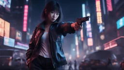 4k, hyper-realistic, Ultra-HD, Ray-tracing, cyberpunk, cybernetics, Asian, Female, short, jacket, carrying pistol, hacker, night time, bright signs, lively city