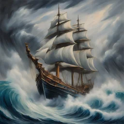 A vibrant maritime oil painting depicting a traditional wooden whaling ship, battling fierce waves under stormy skies, an imposing figurehead at the bow, majestic humpback whales breach the surface, dramatic, hyperrealistic painting by Monet, impressionism, stunning, rainstorm, inkwash effect
