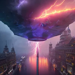 A giant umbrella. Big Open umbrella. open on a city street. Umbrella Fire. stormy day. lightning and storm clouds. Horizon. Dark sky, cascade, rain. Elegant. Extremely detailed. Award winning photography. Fantasy. 8k. Cinematic lighting. Photorealistic. Dynamic lighting. Imperial colors. Crisp quality. Unreal Engine. Colourful cinematic postprocessing.. VRay.