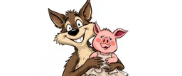 happy excited wolf smiling carrying a lovely scared wtf are you up to, pig girl with dress under his arms , stupid cartoon, airbrush and pen outline