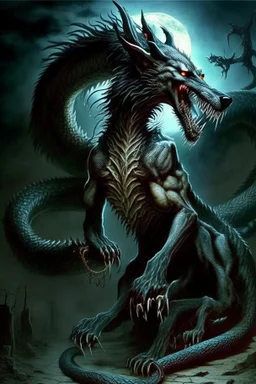 demon huge humanoid wolf with a snake instead of tail