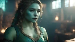 Photoreal gorgeous green-blue triton ranger woman with green-blue scaled green-blue skin, looking like florence pugh in a brightly lit but smokey old mayan tavern by lee jeffries, otherworldly creature, in the style of fantasy movies, photorealistic, bokeh masterpiece smooth shading, ultra detailed, high resolution, cinematic, unreal 6, subtle shadows, octane render, 8k, cinema 4d, HDR, dust effect, vivid colors